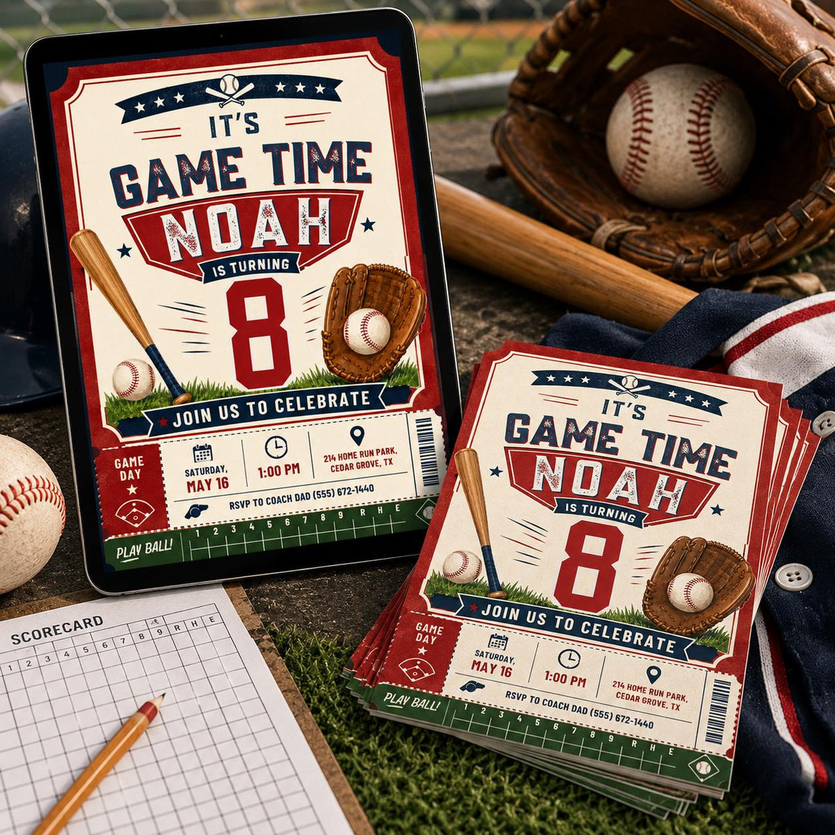 Neon It’s Game Time 8th Birthday Invitation — print-ready 8th birthday party design from VoltBy