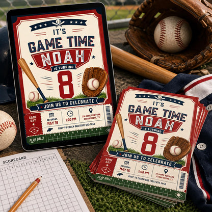 Neon It’s Game Time 8th Birthday Invitation — print-ready 8th birthday party design from VoltBy