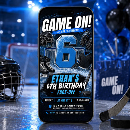 Hockey Birthday Invitatio,: Editable Game On Face-Off Template, its Game Time Hockey Stadium Party Invite Boy, Editable Neon Hockey Canva __etsy:8115720171