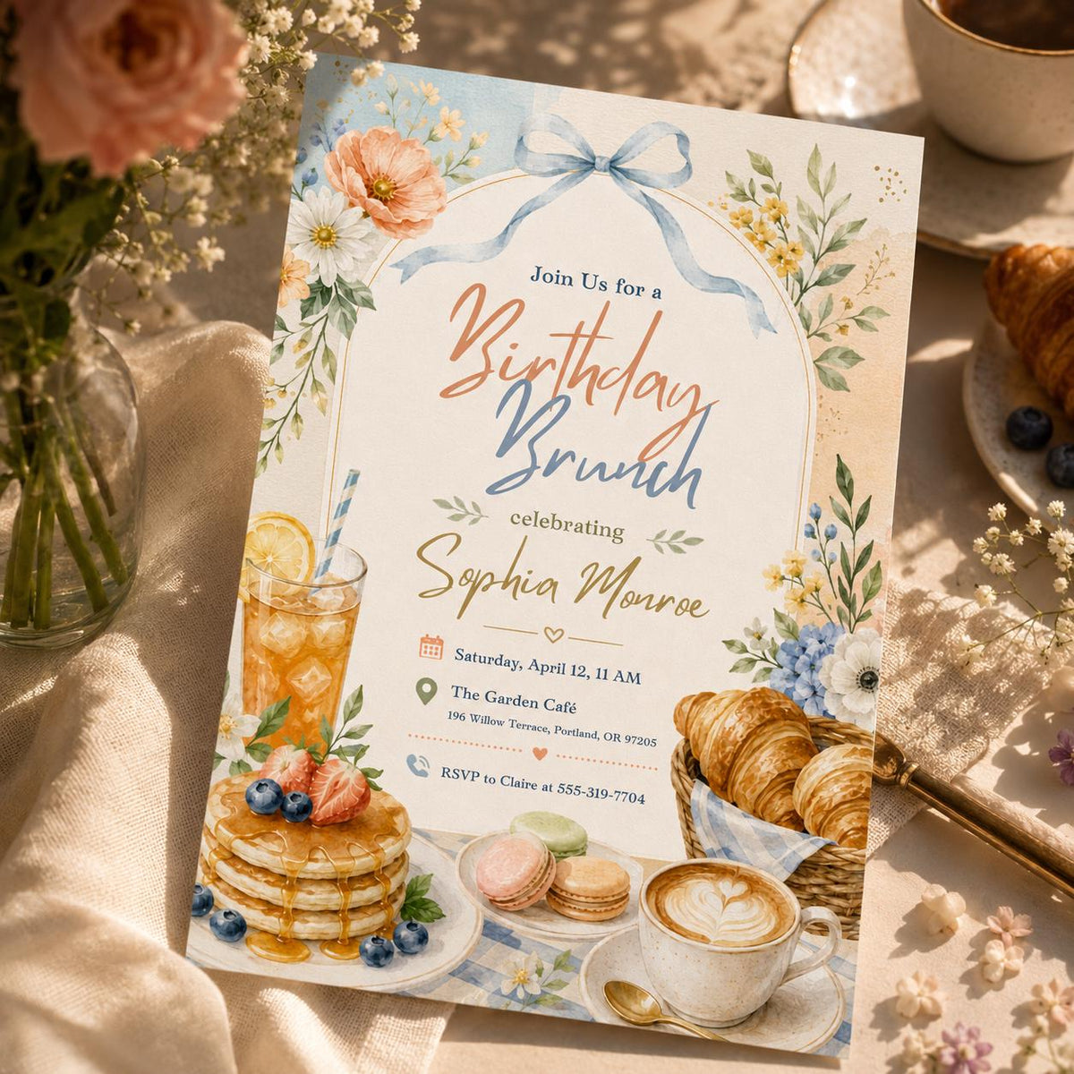 Watercolor Birthday Brunch Invitation with Blue Bow — invitation you personalize in Canva