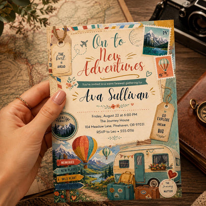 On to New Adventures Farewell Invitation with Camper Van — mountains and travel design