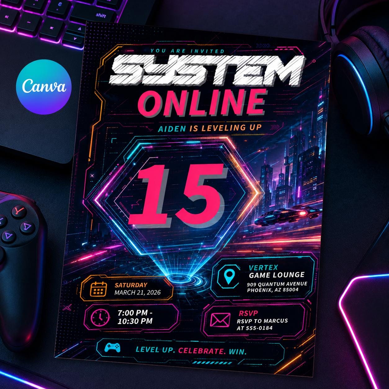 System Online Gaming Birthday Invitation, Video Game Party Invitation, Level Up Birthday Invitation, Gamer Boy Template,  Canva Template __etsy:8115965914