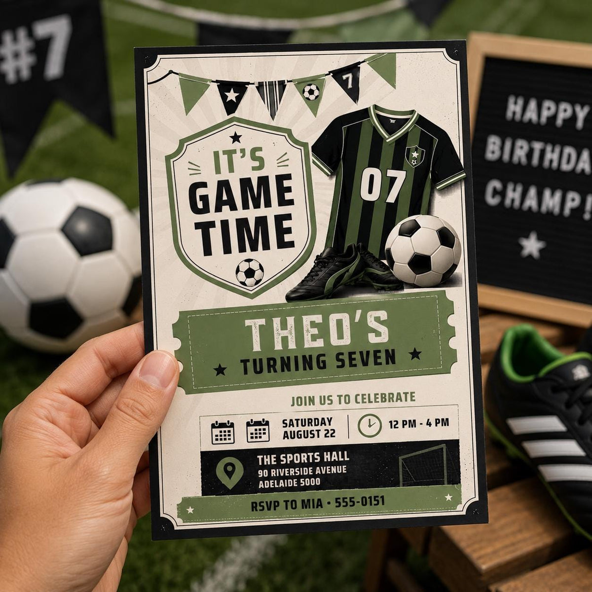 Vintage Soccer Jersey 7th Birthday Invitation — invitation you personalize in Canva