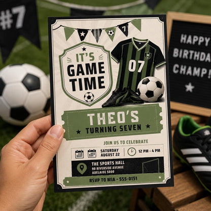 Vintage Soccer Jersey 7th Birthday Invitation — invitation you personalize in Canva