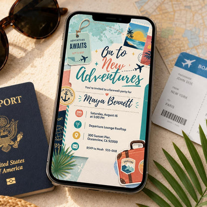 On to New Adventures Farewell Invitation with Travel Stamps — earth design