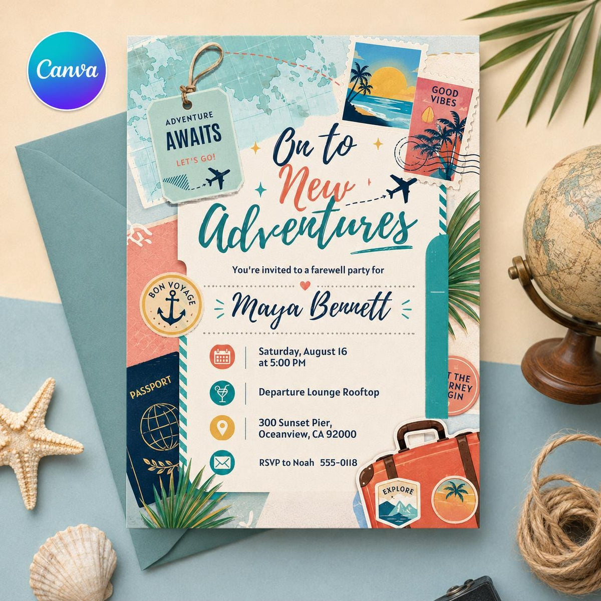 On to New Adventures Farewell Invitation with Travel Stamps — editable Canva template
