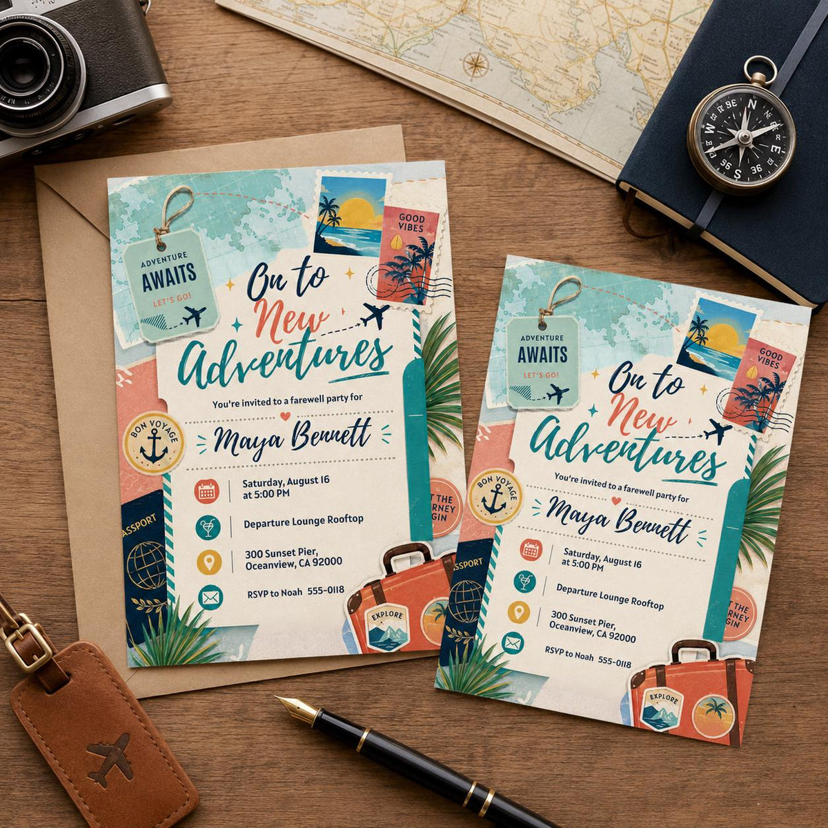 On to New Adventures Farewell Invitation with Travel Stamps — earth artwork in orange and teal