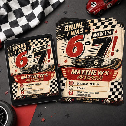 Race Car 7th Birthday Invitation: Six Seven Meme Birthday for Boys — print-ready 7th birthday party design from VoltBy
