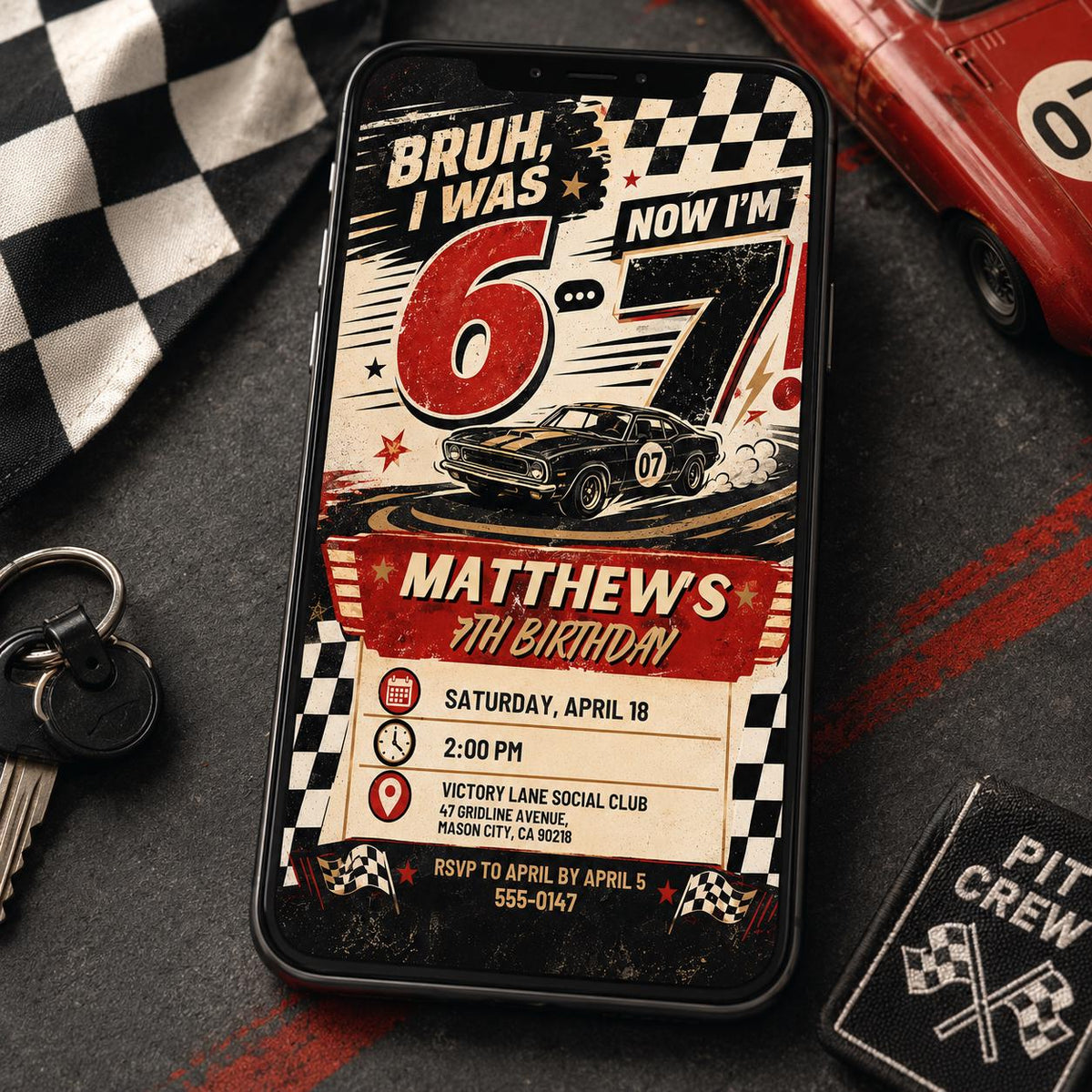 Race Car 7th Birthday Invitation: Six Seven Meme Birthday for Boys — digital invitation, instant download