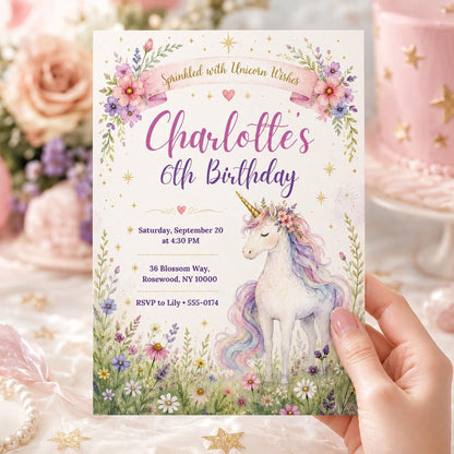 Watercolor Unicorn 6th Birthday Invitation with Meadow Flowers — digital invitation, instant download