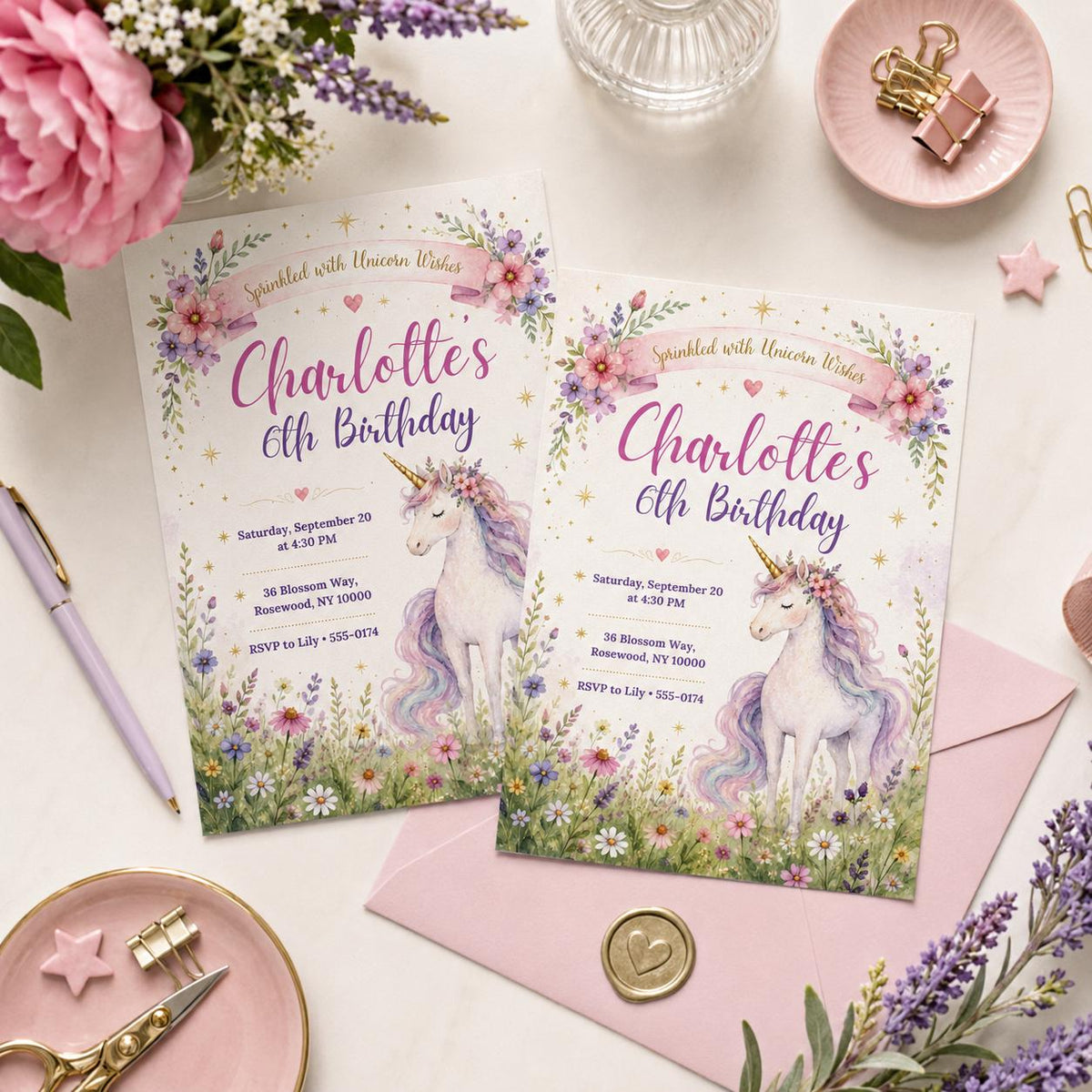 Watercolor Unicorn 6th Birthday Invitation with Meadow Flowers — print-ready 6th birthday party design from VoltBy