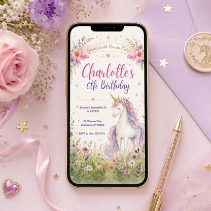 Unicorn Rainbow Birthday Invitation, Believe in Magic Party, Editable Canva Template, Girls Birthday Invite, Magical Unicorn Theme, Canva __etsy:8119880309