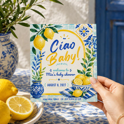Mediterranean Lemon Baby Shower Invitation, Amalfi Coast Italian Citrus Shower Invite | Coastal Blue Tiles, Ciao Baby, Canva Template __etsy:8120013453