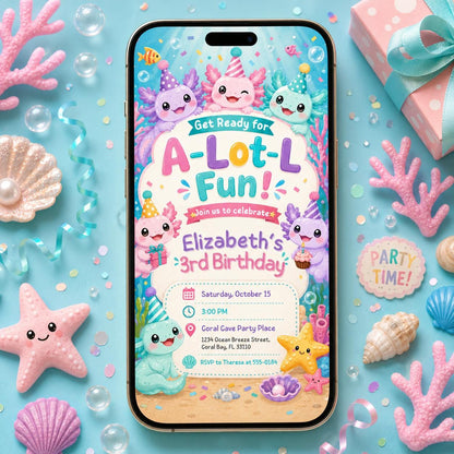 A-Lot-L Fun Axolotl 3rd Birthday Invitation — print-ready 3rd birthday party design from VoltBy