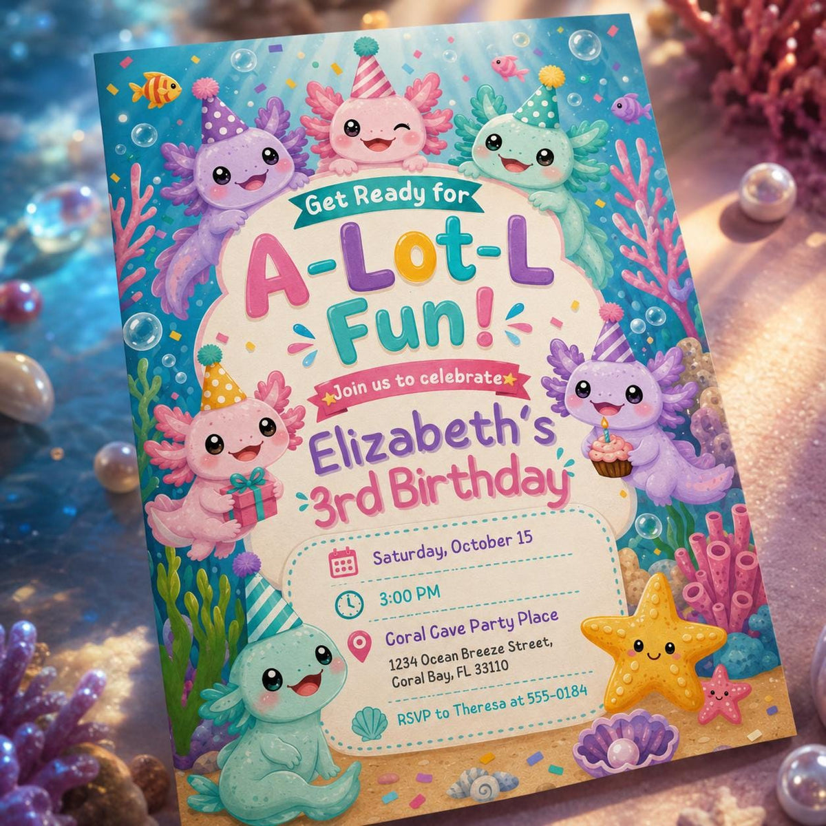 A-Lot-L Fun Axolotl 3rd Birthday Invitation — digital invitation, instant download