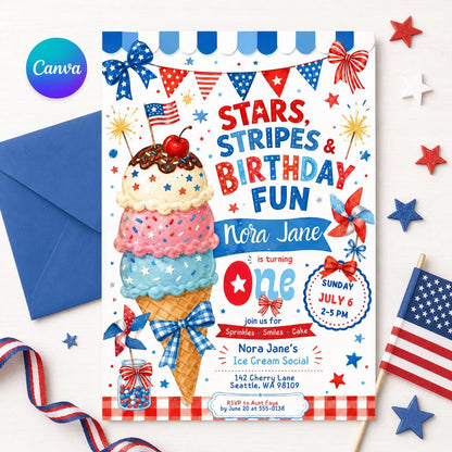 Stars Stripes Birthday Ice Cream Social,  Summer Patriotic Party Invite, Stars and Stripes Invite, 4th of July Invitation, Editable Canva