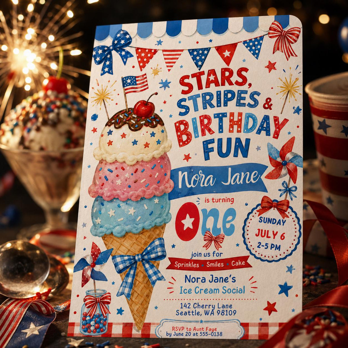 Stars Stripes Birthday Ice Cream Social,  Summer Patriotic Party Invite, Stars and Stripes Invite, 4th of July Invitation, Editable Canva