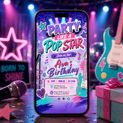 Pastel Pop Star Birthday Invitation with Guitar — music design