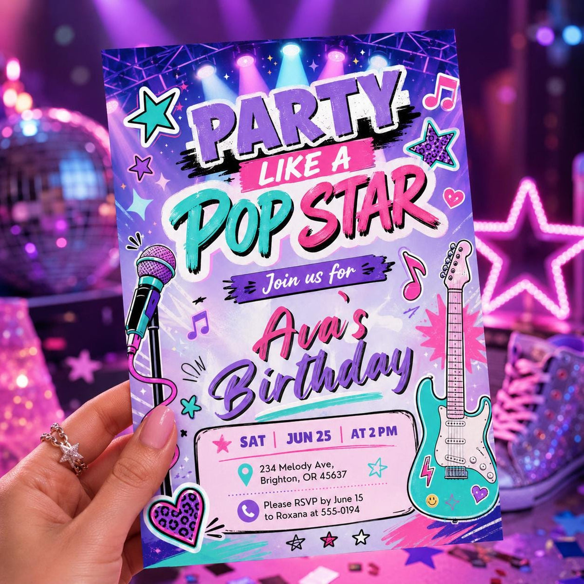Pastel Pop Star Birthday Invitation with Guitar — print-ready birthday party design from VoltBy