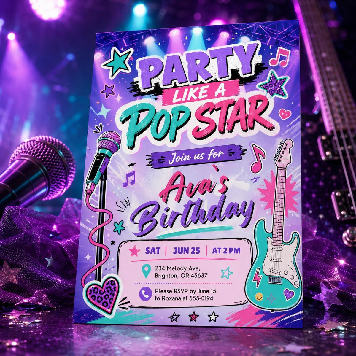 Pastel Pop Star Birthday Invitation with Guitar — invitation you personalize in Canva