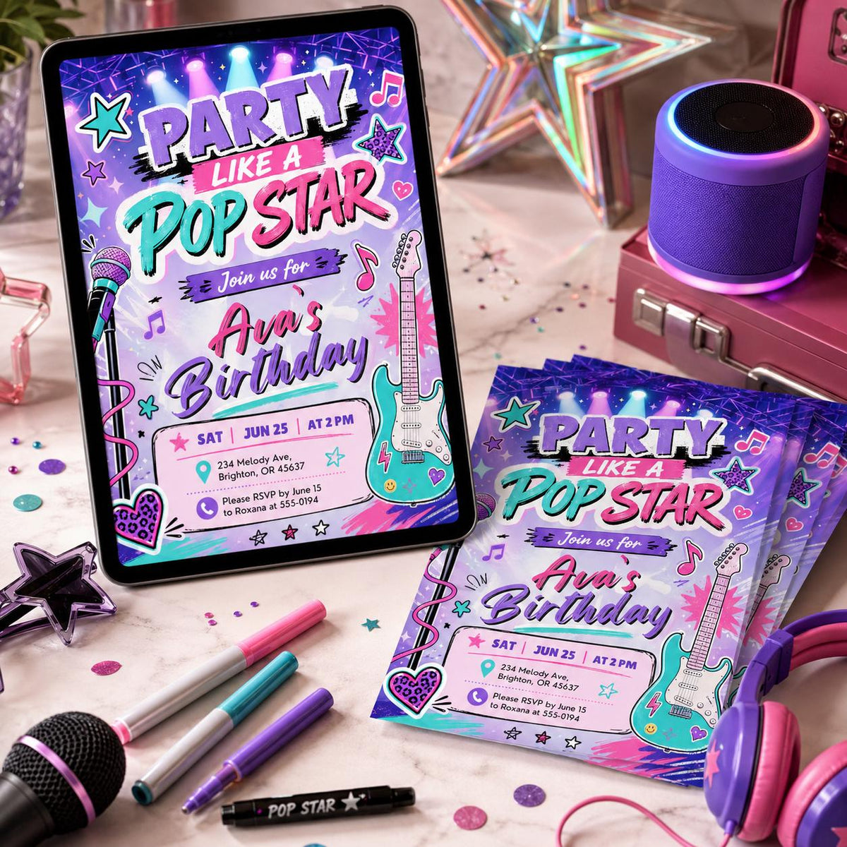 Pastel Pop Star Birthday Invitation with Guitar — music artwork in pink and purple