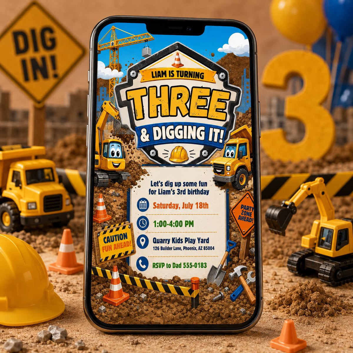 Truck Construction 1st Birthday Invitation — digital invitation, instant download