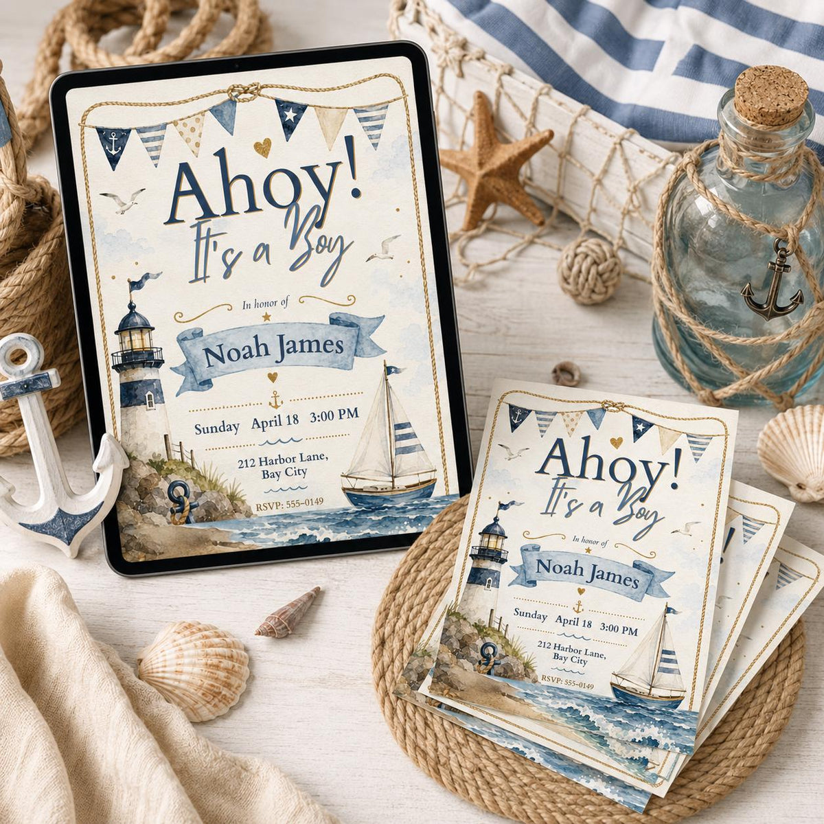 Blue Ahoy It’s a Boy Invitation — print-ready baby shower design from VoltBy