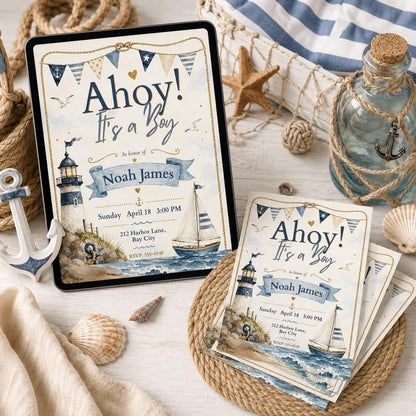 Blue Ahoy It’s a Boy Invitation — print-ready baby shower design from VoltBy