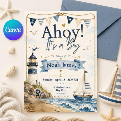 Blue Ahoy It’s a Boy Invitation — editable Canva template