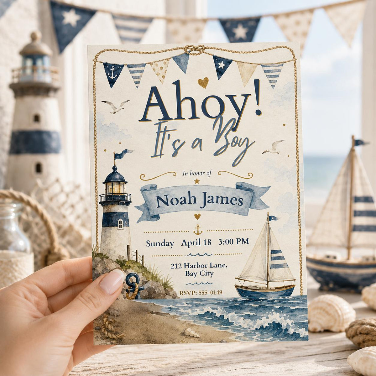 Blue Ahoy It’s a Boy Invitation — digital invitation, instant download