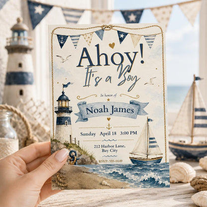 Blue Ahoy It’s a Boy Invitation — digital invitation, instant download