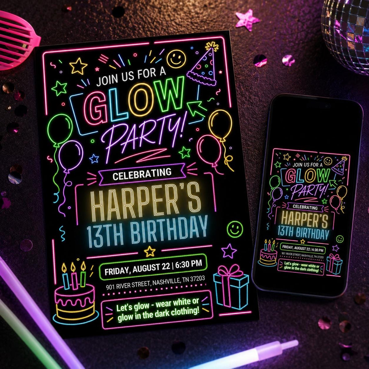 Glow Party 13th Birthday Invitation with Neon Doodles — balloon and cake design