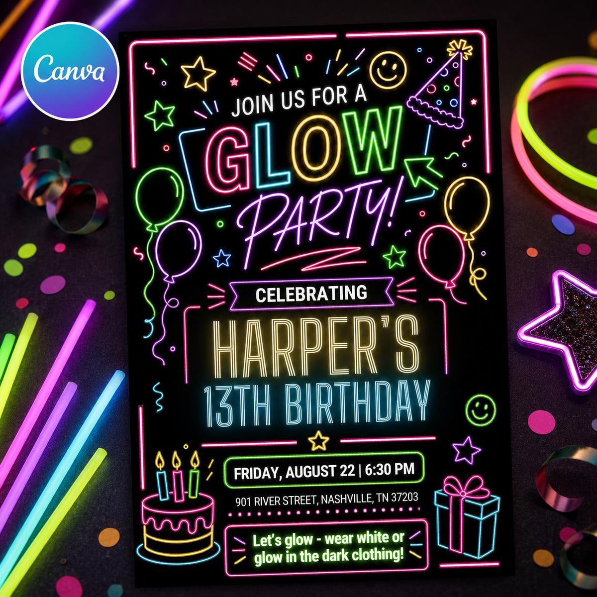 Glow Party 13th Birthday Invitation with Neon Doodles — balloon and cake artwork in black and blue