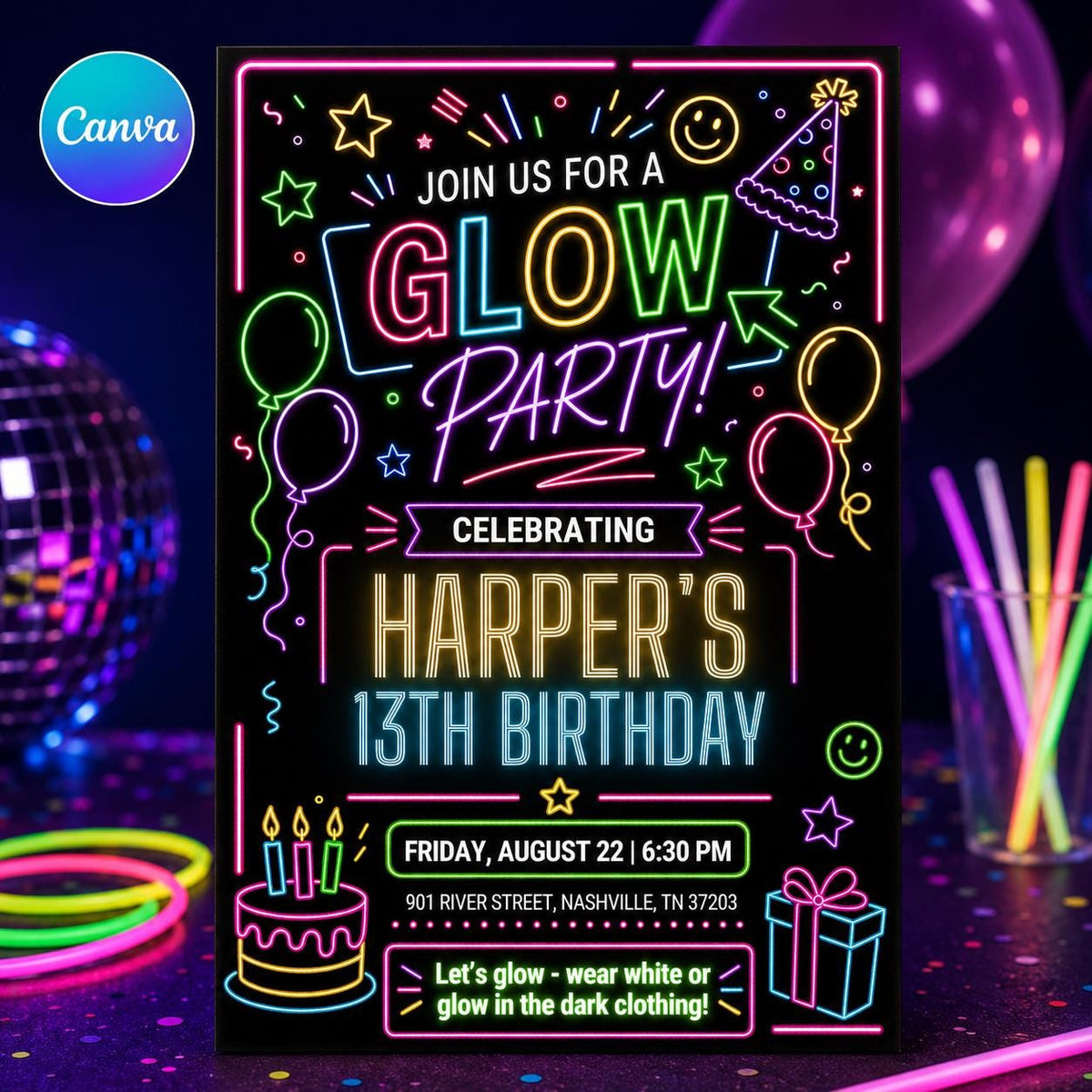 Glow Party 13th Birthday Invitation with Neon Doodles — editable Canva template
