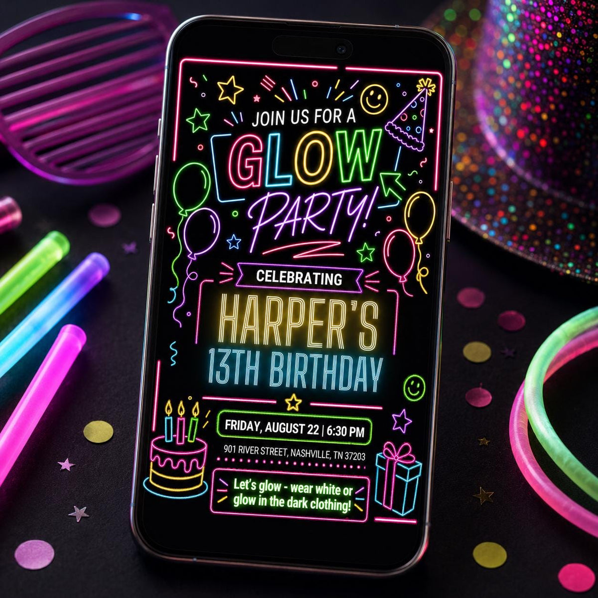 Glow Party 13th Birthday Invitation with Neon Doodles — print-ready 13th birthday party design from VoltBy