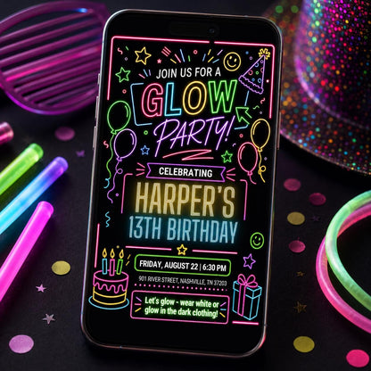 Glow Party 13th Birthday Invitation with Neon Doodles — print-ready 13th birthday party design from VoltBy