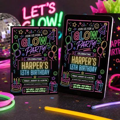 Glow Party 13th Birthday Invitation with Neon Doodles — digital invitation, instant download