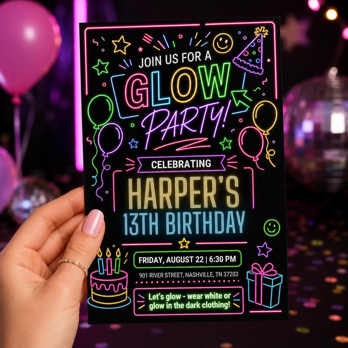 Glow Party 13th Birthday Invitation with Neon Doodles — black and blue invitation design