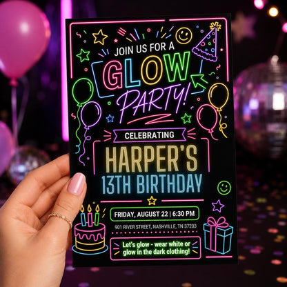 Glow Party 13th Birthday Invitation with Neon Doodles — black and blue invitation design