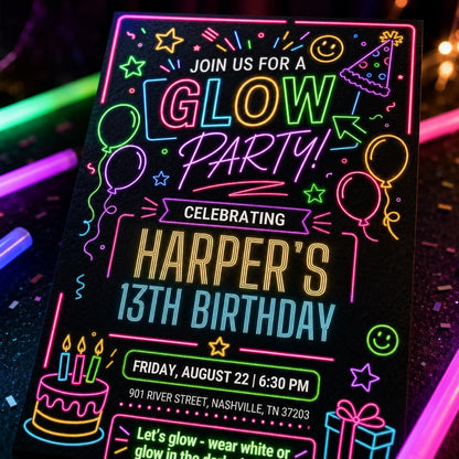 Glow Party 13th Birthday Invitation with Neon Doodles — design view 2
