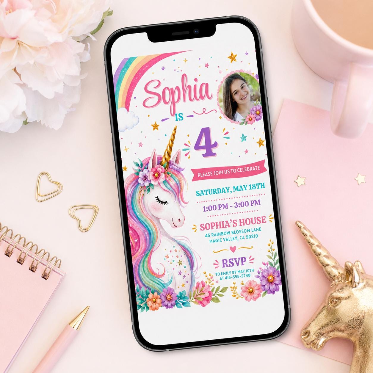 Editable Unicorn Birthday Invitation Magical Pastel Rainbow Unicorn Birthday Party Whimsical Fairytale Unicorn Princess Canva Template __etsy:8121667966
