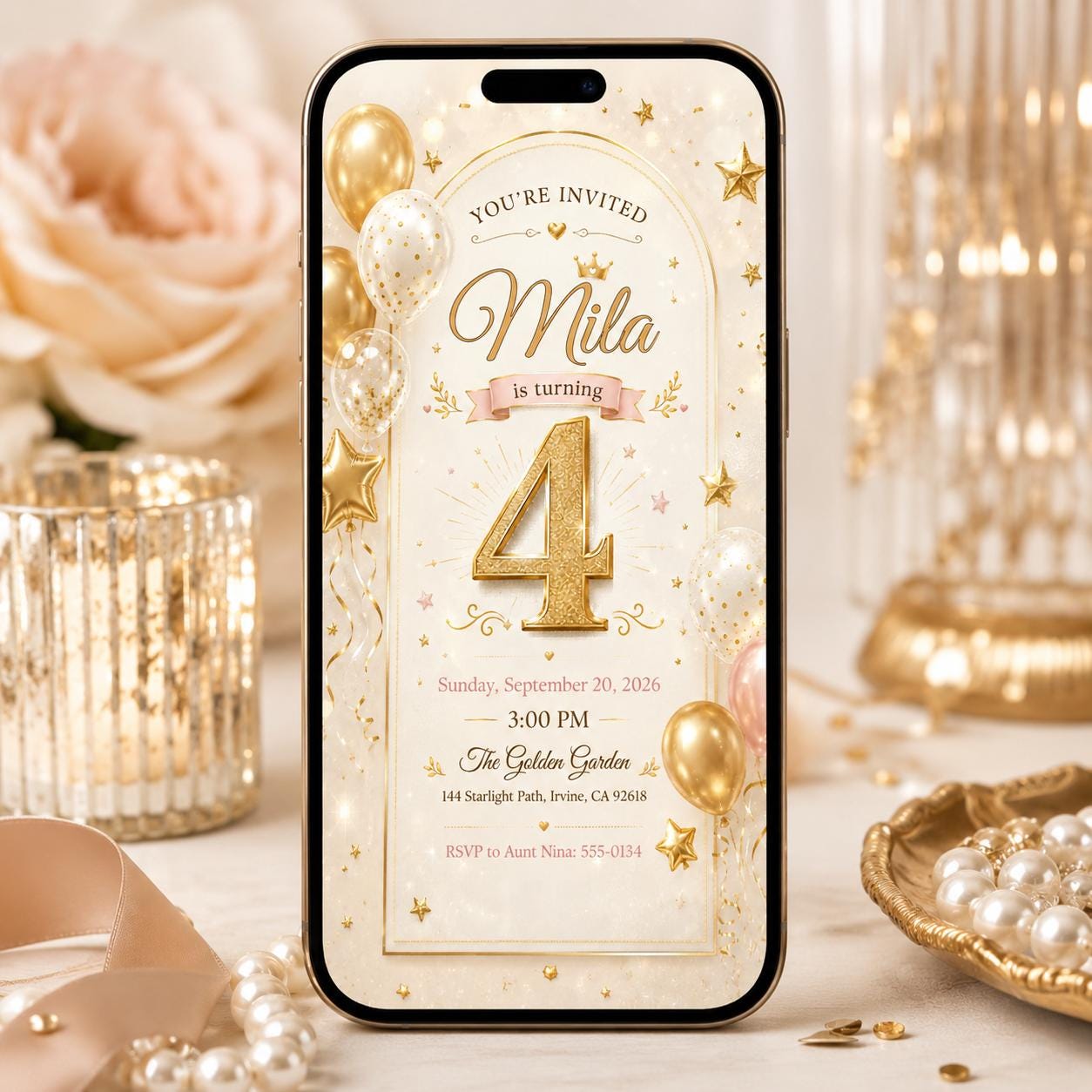 4th Birthday Golden Invitation Girl Gold Glitter Birthday Invite Boy Gold Balloons Invite, Luxury Gold Balloon, Gold Stars Party Invitation __etsy:8121768136
