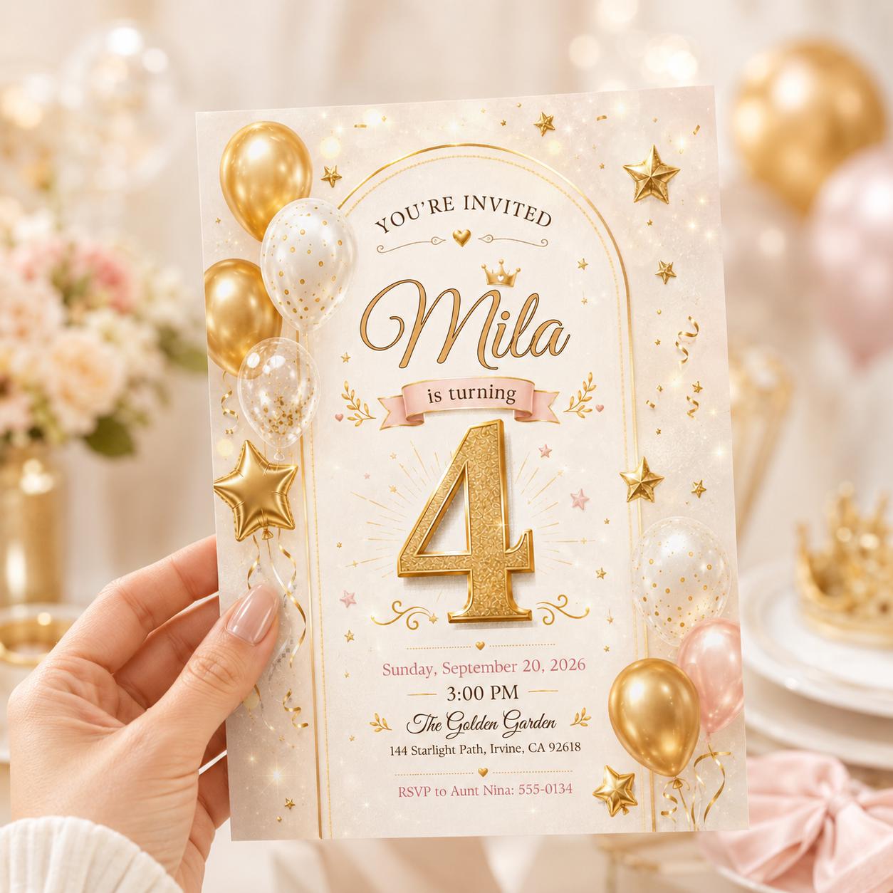 4th Birthday Golden Invitation Girl Gold Glitter Birthday Invite Boy Gold Balloons Invite, Luxury Gold Balloon, Gold Stars Party Invitation __etsy:8121768258