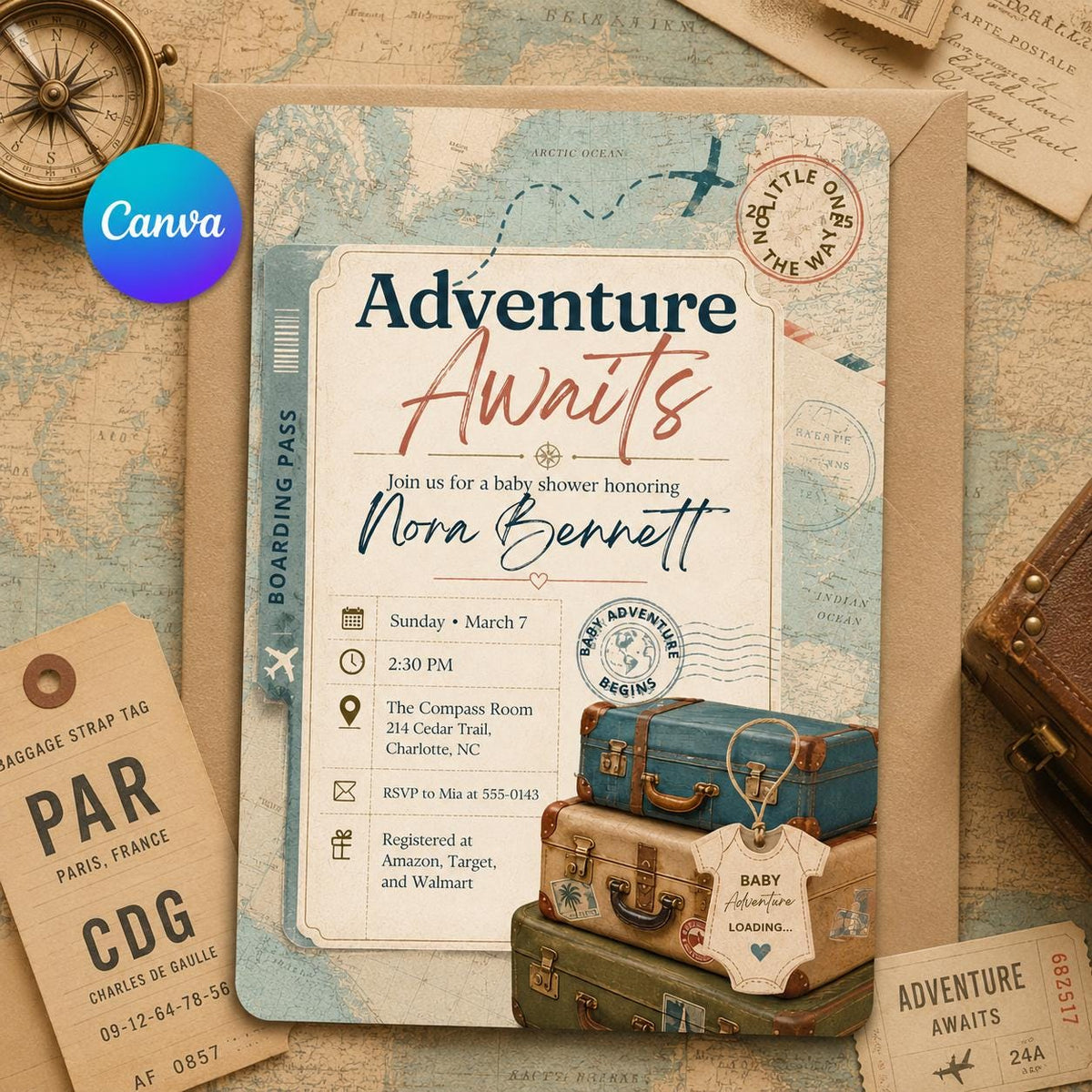 Adventure Awaits Travel Baby Shower Invitation — editable Canva template