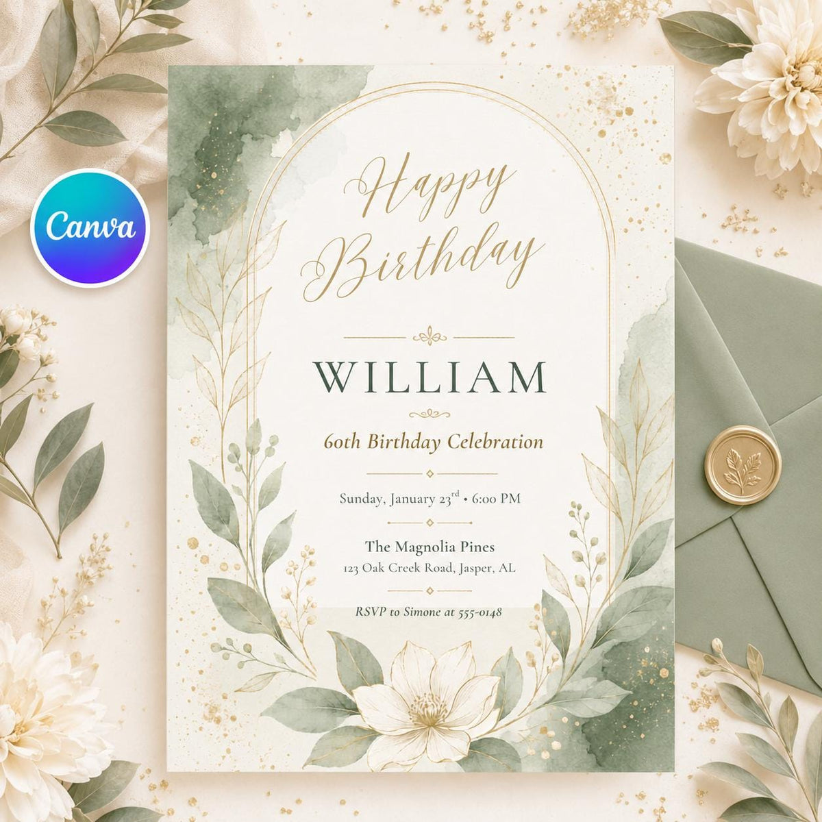 Sage Magnolia 60th Birthday Invitation — editable Canva template