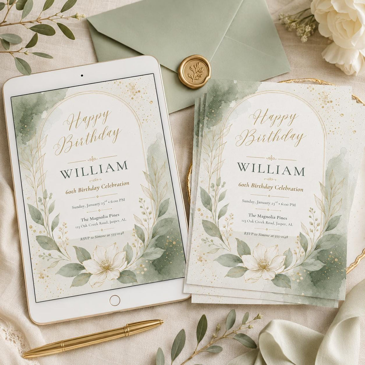 Sage Magnolia 60th Birthday Invitation — digital invitation, instant download