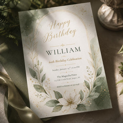 Sage Magnolia 60th Birthday Invitation — print-ready 60th birthday party design from VoltBy