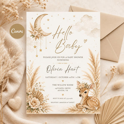 Blush Pink Elegant Boho Girl Clothesline Baby Shower Invitation — editable Canva template