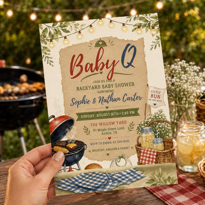 Red Gingham Baby-Q Baby Shower Invitation — digital invitation, instant download