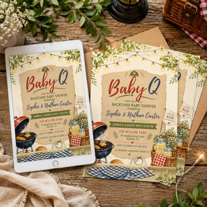 Red Gingham Baby-Q Baby Shower Invitation — print-ready baby shower design from VoltBy